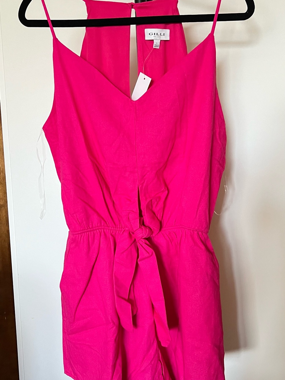 Gilli NWT Hot Pink Linen Blend Romper Size L Tie Front